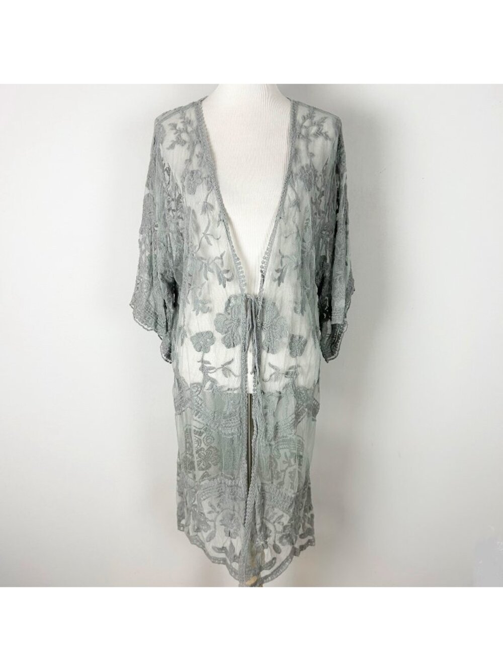 New POL Gray Sheer Mesh Embroidered Kimono Top Floral Boho Size S/M Women's